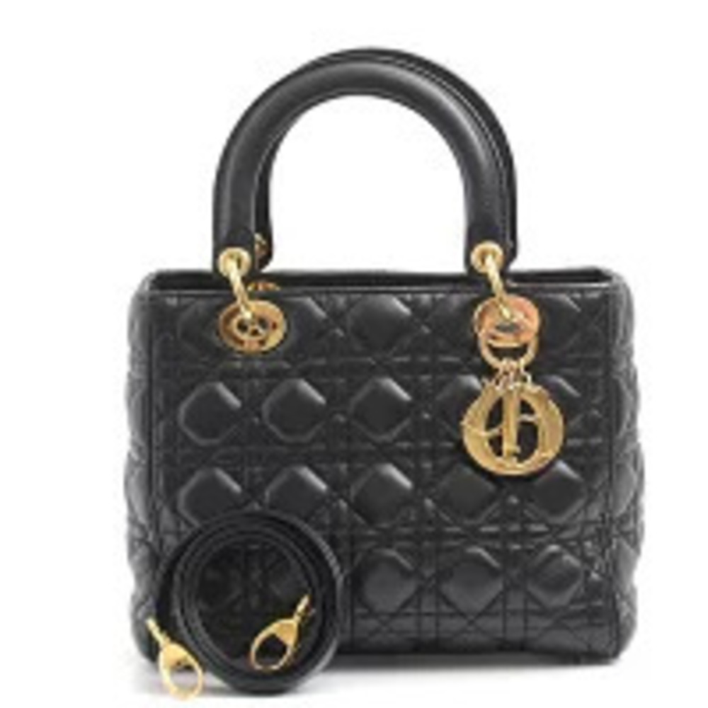 Christian Dior Lady Cannage Handbag Calfskin Black